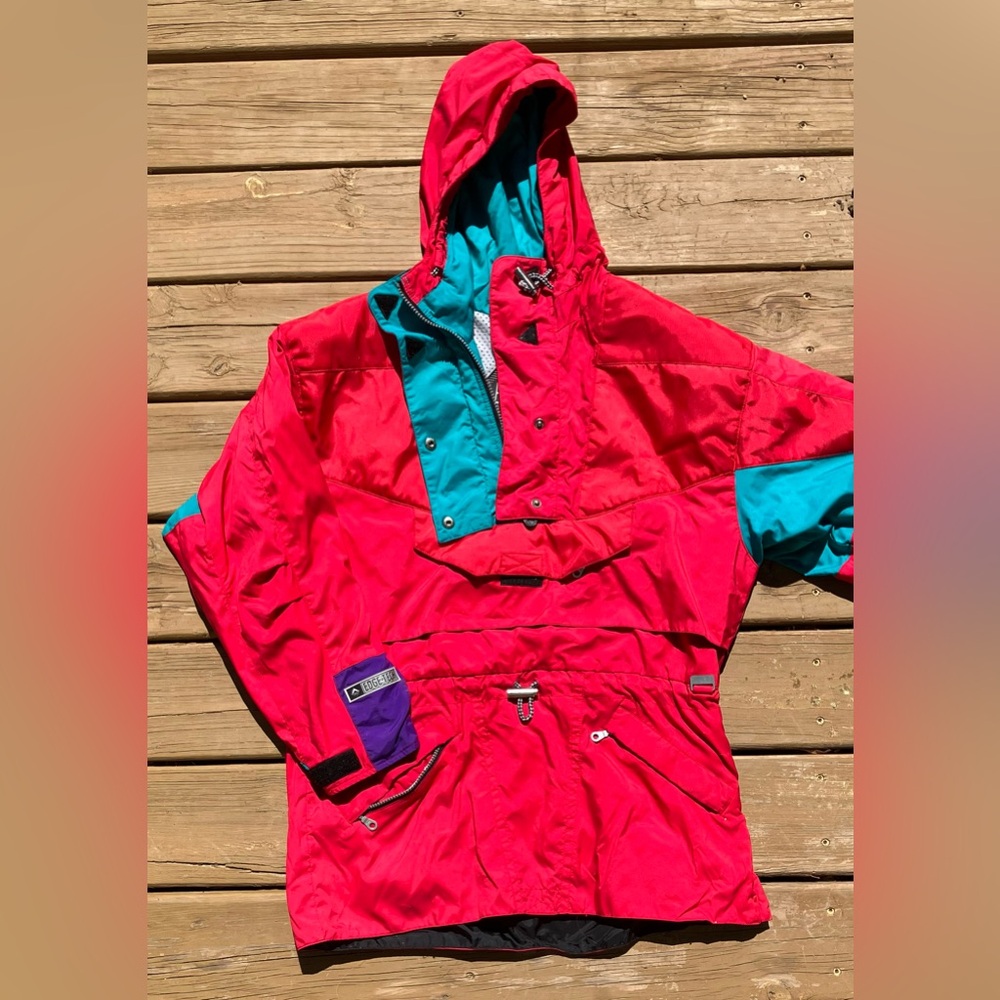 Red and Teal Hooded Jacket